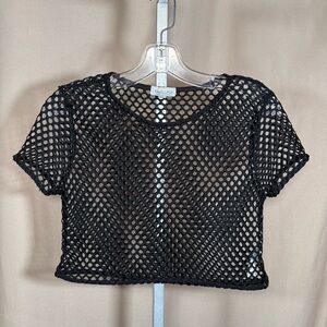 Bloom+Pop Black Cropped Mesh Short Sleeve Top Size S/M Sheer Layering Rave Goth